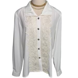 Vintage Kathy Che double collar fancy button lace front secretary blouse size 8